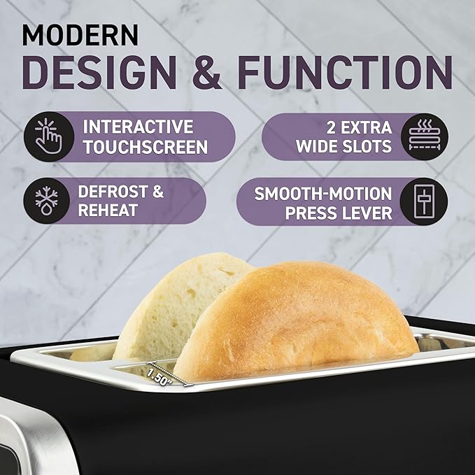 Inspirex Touch Screen Toaster - 2 Extra Wide Slots - 5 Bread Types and 6 Browning Levels - Defrost, Reheat, Favorite, & Single Slot Modes - For Toast, Bagels, & Waffles ??Black