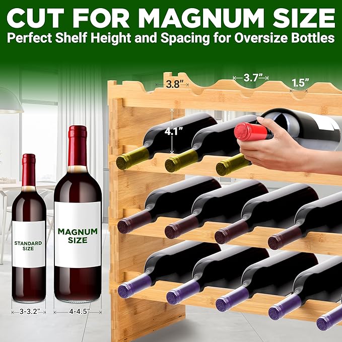 NutriChef Magnum Oversize 24 Bottle Stackable Modular Wine Rack, Upgraded 1??Thick Sideboard, .5??Rack Sticks, Sturdy Wobble Free Natural Bamboo Construction with Anti Moisture Protective Finish