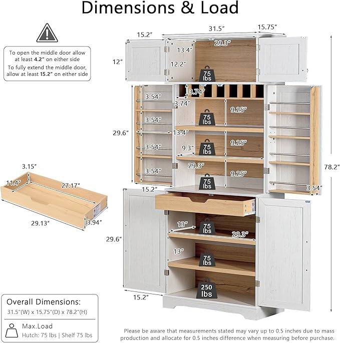 78" Farmhouse Tall Kitchen Pantry Cabinet, Wood Storage Cabinets with Hidden Drawer and 4 Adjustable Shelves, Cupboard with Wine Rack and Door Shelves for Kitchen Dining Room, White