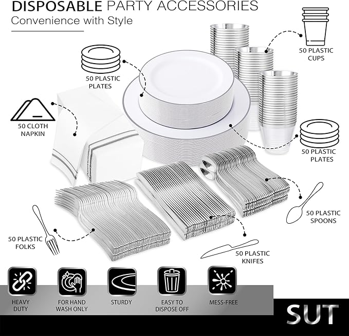 SUT 350 Piece Silver and White Plastic Dinnerware Set for 50 Guests, Disposable Plastic Plates, Include: 50 Dinner Plates, 50 Dessert Plates, 50 Pre Rolled Napkins with Silver Silverware, 50 Cups