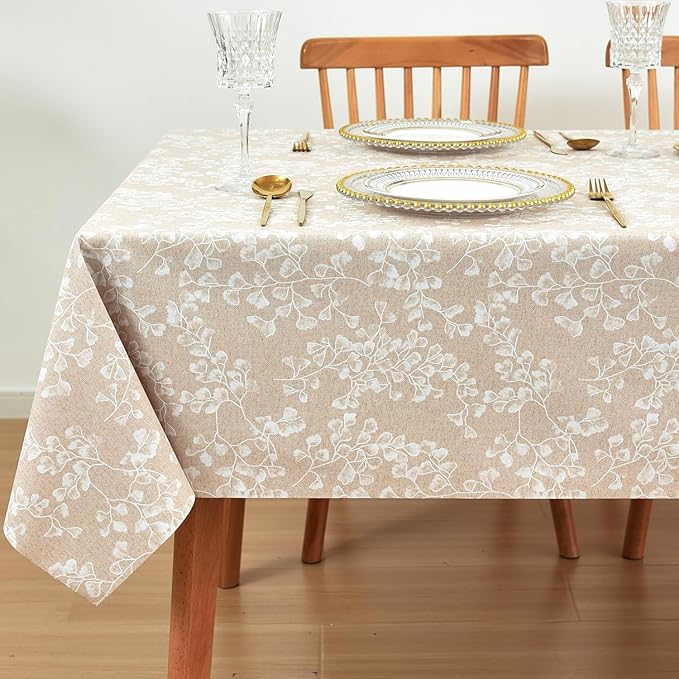 LOHASCASA Heavy Duty Vinyl Oilcloth Tablecloth PVC Waterproof Plastic Wipeable Spillproof Peva Tablecloth for Spring Outdoor Camping Picnic Rectangle/Oblong 54x108 Inch Tan Flower