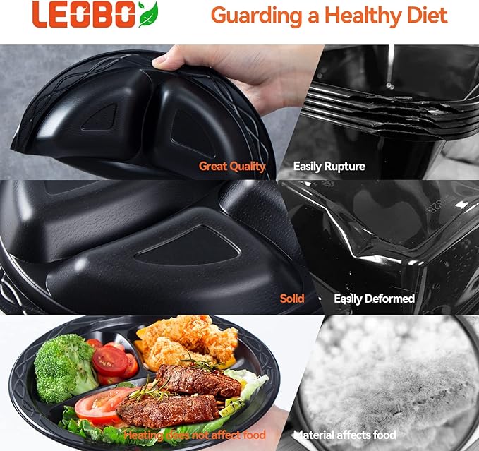 Plastic Plates Mineral Filled PP 9" - 150 Pack Shrink Wrap BPA Free Dinner Tray | Dishwasher & Microwave Safe | 3 Compartment Heavy Duty Black Reusable & Disposable Plate for Party Catering