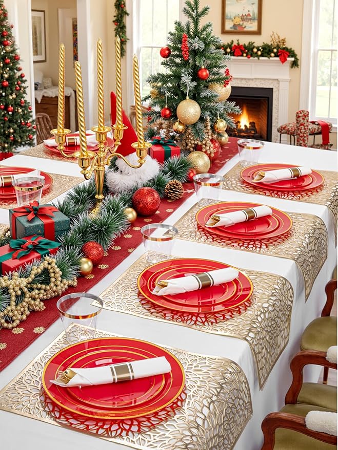 350Pieces Red Plastic Plates with Gold Rim Include 50Dinner Plate 10?? 50Dessert Plate 7?? 50 gold Cups 9 OZ, 50 Pre Rolled Napkins for Party Valentine's Day