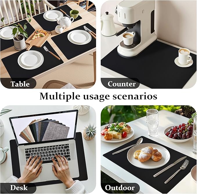 FROMHEART Faux Leather Placemats Set of 6?밯aterproof,Heat/Oil Stain-Resistant PU Table Mat?밨eversible,Non-Slip,Easy to Clean Place Mats for Kitchen,Dining,Indoor/Outdoor,(Black,11.8" x 17")