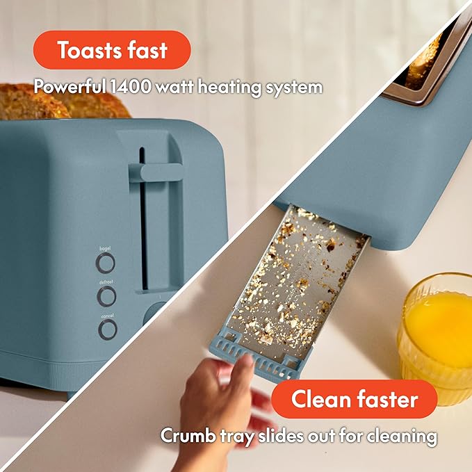 bella 4 Slice Slim Toaster, Fits-anywhere Kitchenware, 6 Setting Shade Control with Reheat & Cancel Buttons, Fits Sourdough, 10??Long Slot, Anti Jam & Auto Shutoff, 900 Watt, Surf