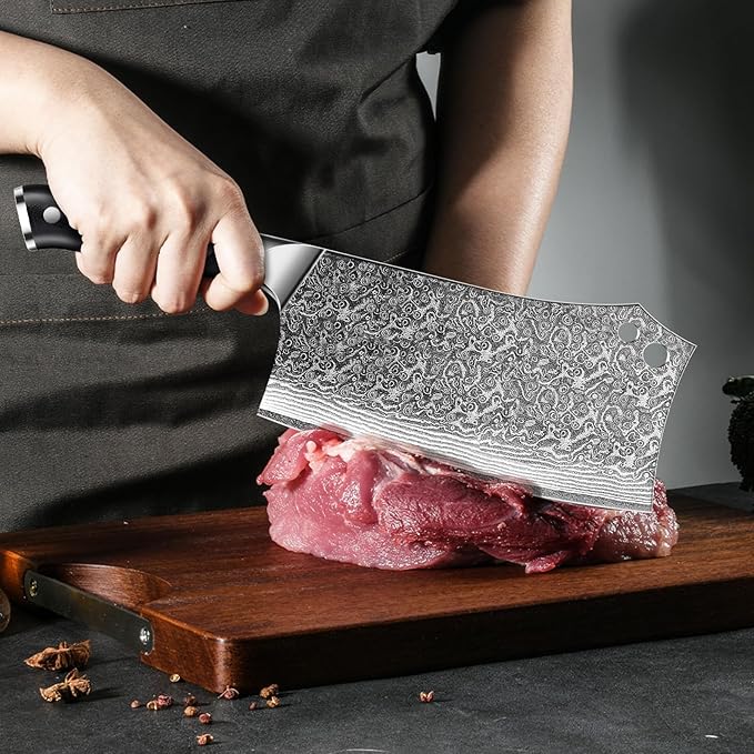MOSFiATA Damascus 7??Cleaver Knife竊똗ltra Sharp Vegetable and Meat Butcher Knife with Finger Guard for Home Kitchen and Restaurant