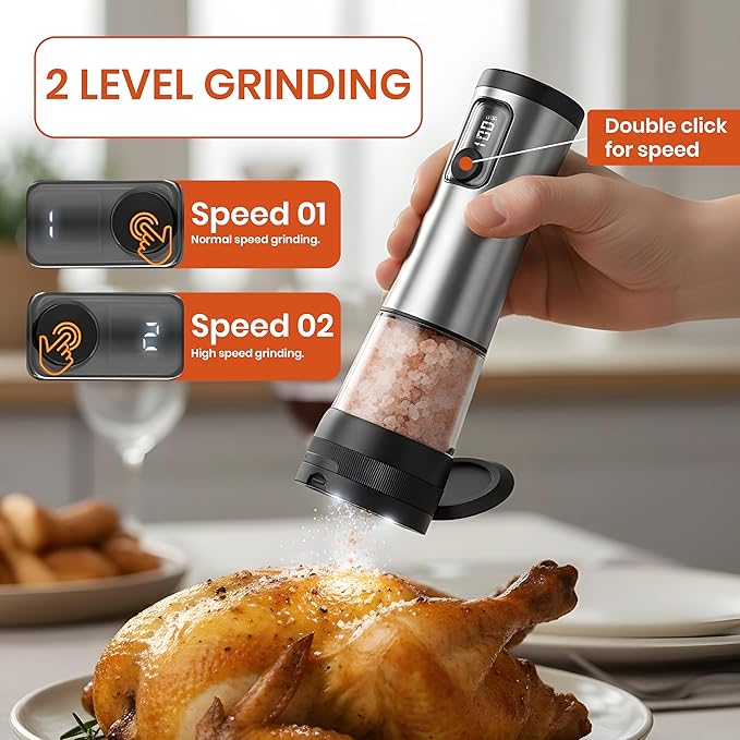 Electric Salt & Pepper Grinder Set ??Automatic Battery Operated Shakers, 5-Level Adjustable Coarseness, Dual Speed, USB Rechargeable, Large Capacity, Ideal Housewarming Gift (Stainless Steel)