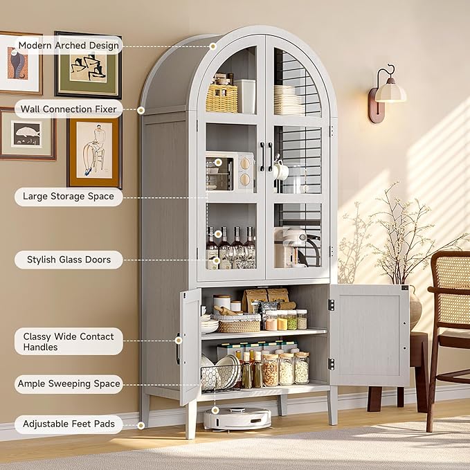 ONBRILL 71" Tall Arched Cabinet, 5-Tier Arched Kitchen Pantry with Glass Doors & Shelves, Modern Display Arch Cabinet with Adjustable Feet, Wooden Pantry for Living Room, Dining Room, Off White