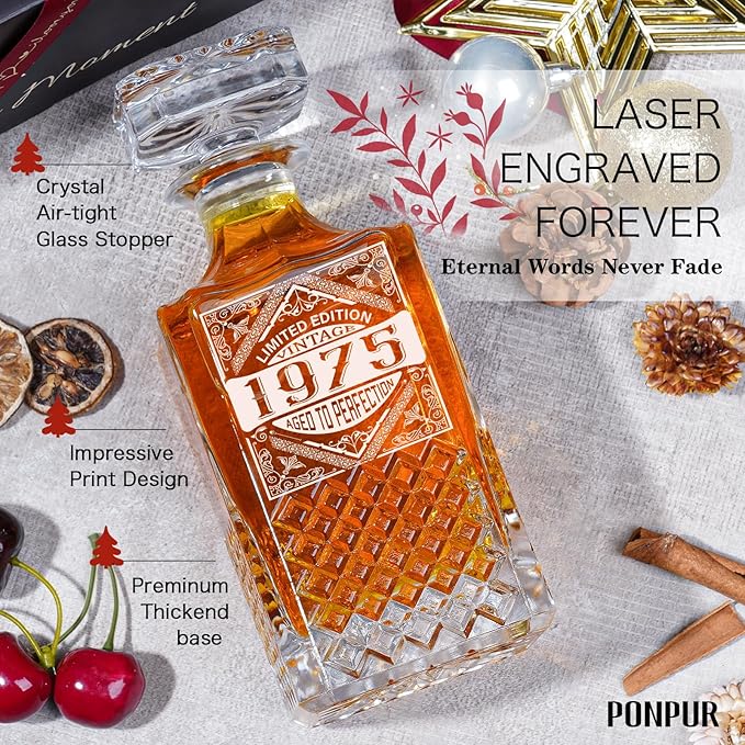 PONPUR 50th Birthday Gifts For Men Dad, 1976 Laser Whiskey Decanter Set with Gift Box, Anniversary Birthday Gift Ideas for Him Husband, 50 Years Bday Decorations, Whiskey Glasses & Whisky Stones Inc.