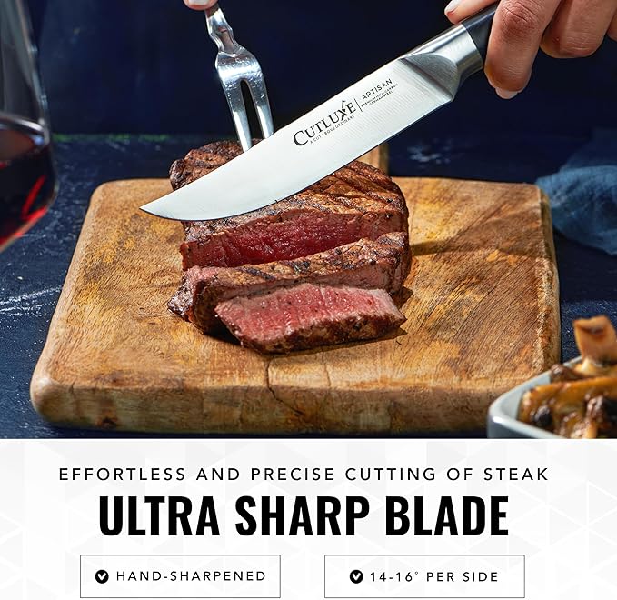 Cutluxe Steak Knives Set of 4, Straight Edge Steak Knife Set ??Forged High Carbon German Steel, Full Tang, Ergonomic Handle Design ??Artisan Series
