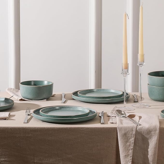Earth & Clay Amber 12-Piece Dinnerware Set Stoneware, Dishwasher and Microwave Safe Plates and Bowls Set, Dish Set for 4, Green
