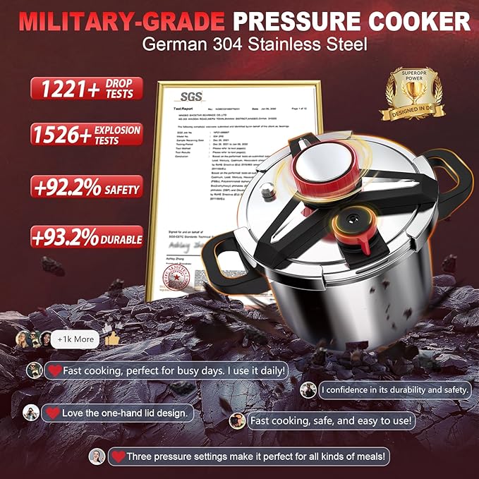 3-In-1 304 Stainless Steel Pressure Cooker 10 QT: [Explosion-Proof] [3 PSI Settings], One-Hand Locking, Induction Compatible, Glass Lid & Steamer Rack Included, Olla de Presion