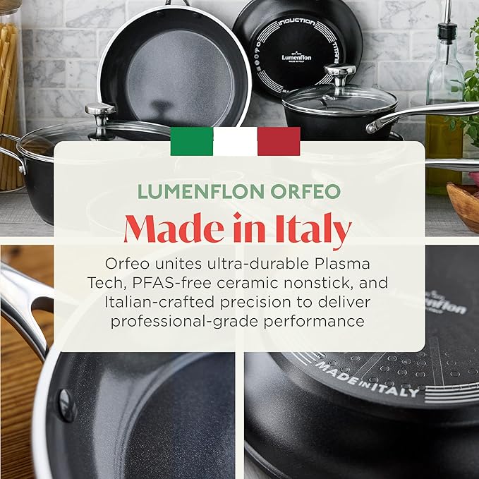 Orfeo 11??Nonstick Frying Pan, Made in Italy, Diamond Ceramic PFAS-Free Cookware, Induction Ready, Scratch Resistant, Laser-Fused Surface for Durability, Dishwasher Safe, Black
