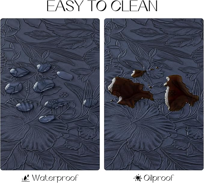 Romanstile Vinyl Placemats Set of 4-12 X 18 Inch - Heat Resistant Non-Slip Embossed Floral Place Mats 100% Waterproof Oilproof Wipeable Faux Leather Table Mats for Kitchen/Dining/Party, Navy Blue
