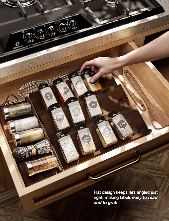 Tinamo Acacia Wooden Spice Rack Organizer for Cabinet - Spice Drawer Insert, Spice Organization for Cabinet, Seasoning Organizer, Spice Holder Pack of 8 (Walnut, Pack 4)