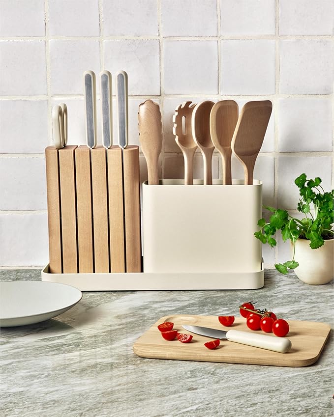 Caraway 14-Piece Kitchen Prep Set - Kitchen Knife Set & Wooden Utensil Set - Made With Premium German Steel Blades & FSC-Certified Birch Wood - Non-Toxic Materials - Includes Organizer - Grey