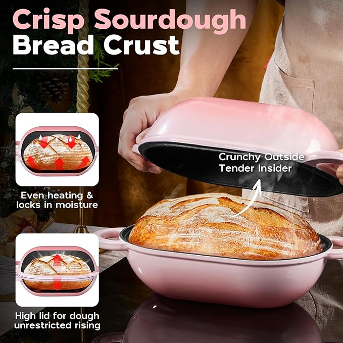 Onader Enameled Cast Iron Dutch Oven, 2.8QT Dutch Oven Pot with Lid for Sourdough Bread Baking, Oval Meatloaf Pan, Heavy Duty - Pink