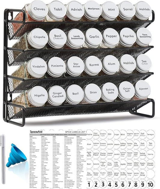 SpaceAid Spice Rack Organizer with 28 Spice Jars, 386 Spice Labels, Chalk Marker and Funnel Set for Cabinet, Countertop, Pantry, Cupboard or Door & Wall Mount - 28 Jars, 13.4" W 횞 10.8" H, White