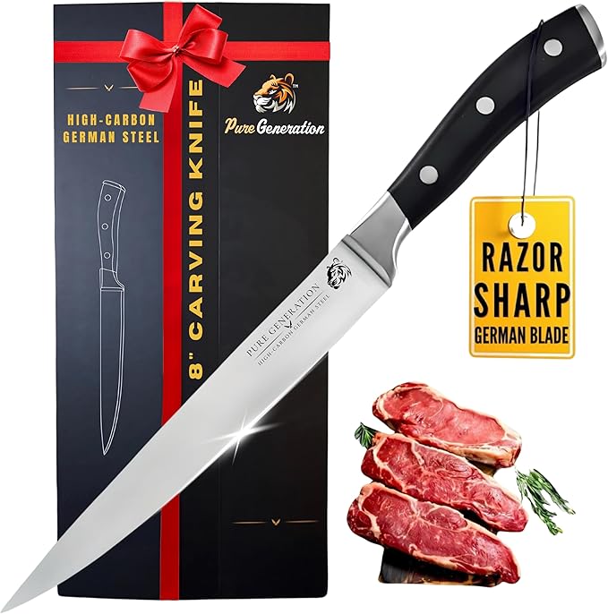 8" Carving Knife for Meat ??Butcher Knife, Razor Sharp German Steel Slicing Knife with Ergonomic Handle for Turkey, Ham, Fruits, and Meat Cutting