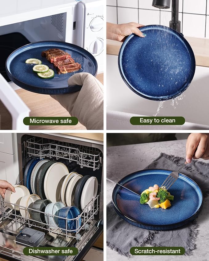 Famiware Star Dinnerware Set with Pasta Bowls, Service for 4 (16pcs), Ribbed Stoneware Plates and Double Bowls Dishes Sets - Chip & Scratch Resistant, Microwave & Dishwasher Safe, Nebulas Blue