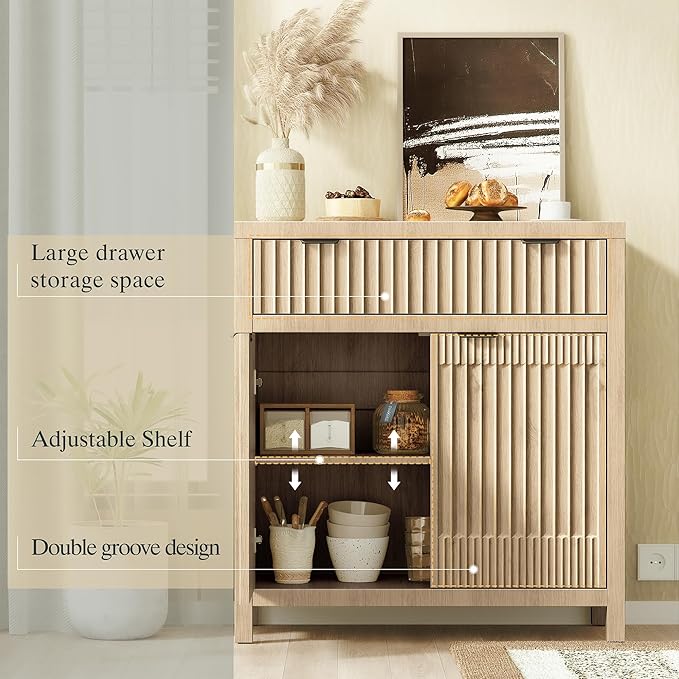 FLOWBACK Fluted Sideboard Buffet Cabinet with Large Storage,Modern Credenza Coffee Bar Cabinet with Adjustable Shelves, Farmhouse Console Table for Kitchen, Living Room, Entryway, 3 Pieces