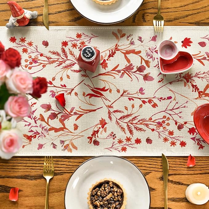 Artoid Mode Floral Leaves Table Runner, Wild Flowers Seasonal Kitchen Dining Table Decoration for Home Party Decor 13x108 Inch