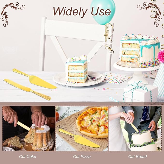 Gold Cake Cutting Set, 2 PCS Wedding Cake Knife and Server Set, Vintage Engraved Cake Cutter and Serving Spatula for Wedding, Birthday, Anniversary, Party