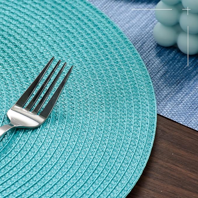 FunWheat Round Braided Placemats Set of 6 Table Mats for Dining Tables Woven Washable Non-Slip Place mats 15 inch(Turquoise, 6pcs)