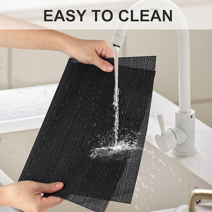 LANDVIEW Vinyl Placemats Set of 6, PVC Woven Washable Non-Slip Table Mats, Heat Resistant Wrinkle Free Place Mats for Dining Table, Easy to Clean (6, Black)