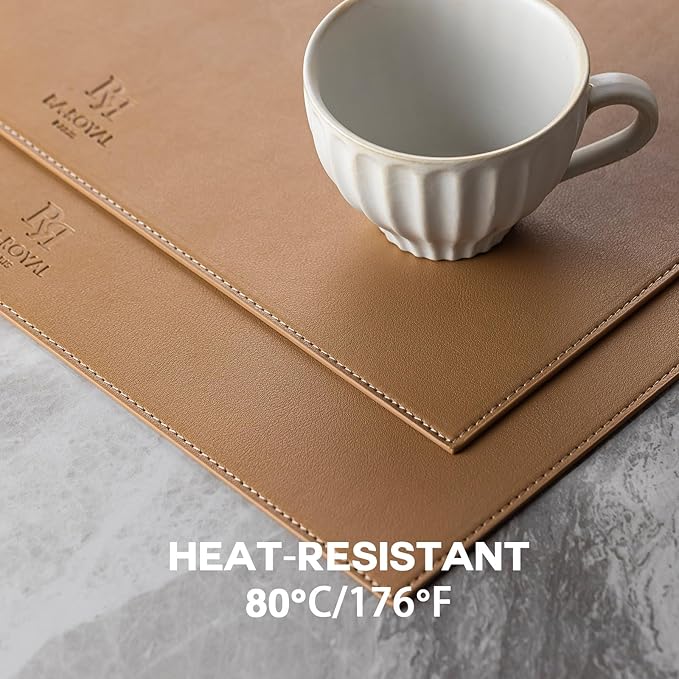 Baroyal Faux Leather Placemats Set of 12 Vinyl Washable Wipeable Table Mats for Kitchen Dining Table Heat Resistant Waterproof Indoor/Outdoor Placemats Non-Slip Easy Clean Place Mats (British Khaki)