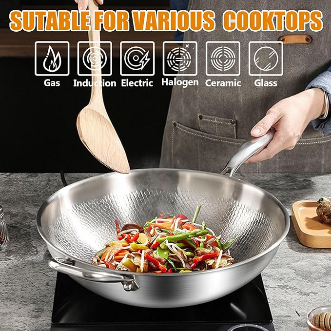 Titanium Hammered Wok with Double Handles, Frying Pans Nonstick, Non-Stick Wok, Scratch-Resistant Non Stick Titanium Pans for Cooking,13.39IN