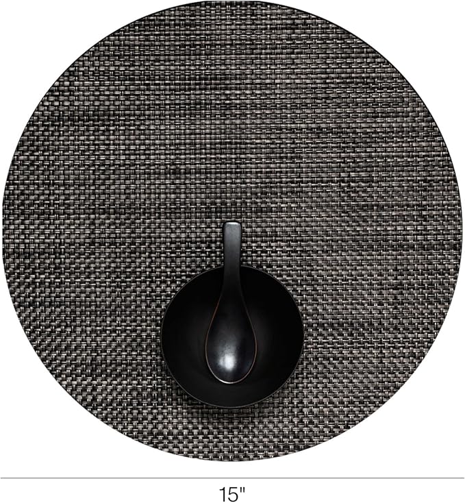 Chilewich Basketweave Placemats in Carbon - Set of 4 - Easy Care Woven Tabletop Textiles - Indoor/Outdoor - 15" Round