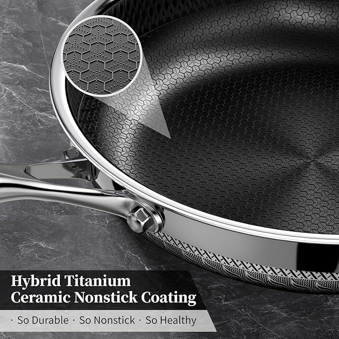 Non Stick Frying Pan with Lid, 12 Inch Ceramic Hybrid Tri-Ply Stainless Steel Frying Pans Nonstick W/Lid, Large Induction Skillet Frying Pans for Cooking, Metal Utensil Safe, PFAS/PFOA/PTFE Free