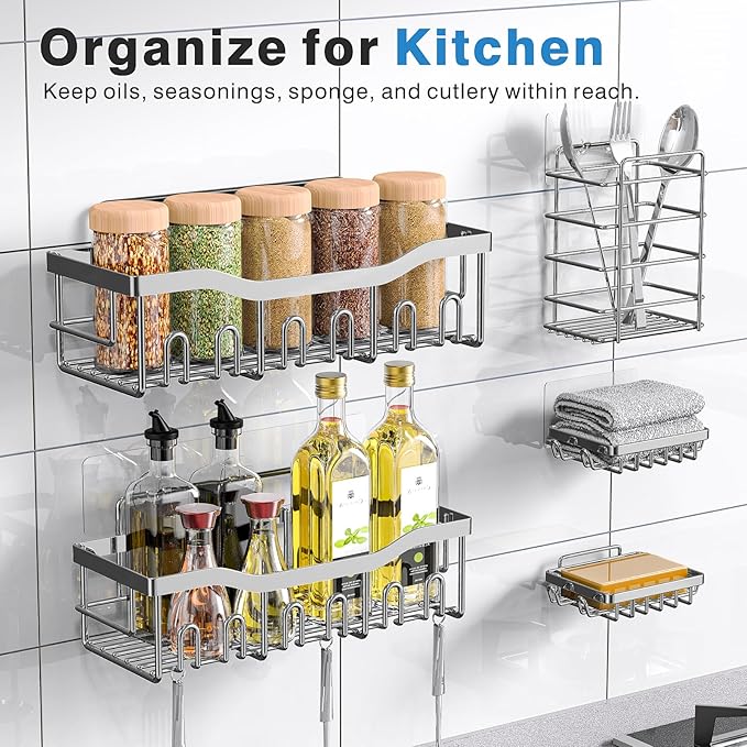 EUDELE 5-Pack Rustproof Stainless Steel Shower Caddy ??No Drill Adhesive Bathroom Organizer with Large Capacity, Spacious Shower Shelves for Inside Shower, Kitchen & Home Decor Storage-XL Size