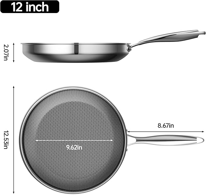 Hybrid Nonstick 12 Inch Frying Pan,Non stick Frying Pan,Stay-Cool Handle, Dishwasher-Friendly, Oven-Safe Up to 600째F, Induction Ready, Compatible with All Cooktops