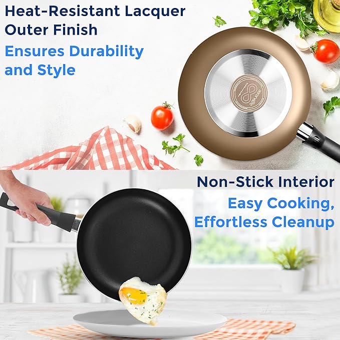 SereneLife 6-Piece Pots and Pans Set ??Nonstick Cookware, Black Coating, Heat-Resistant, Dishwasher safe, Includes Fry Pans, Saucepans with Lids, Color Gold