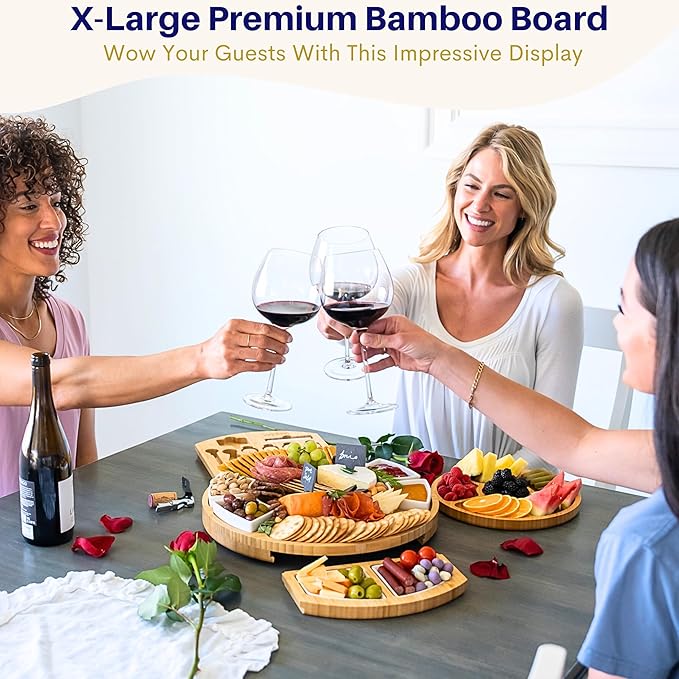Extra Large Charcuterie Boards Gift Set: 16 in Round Bamboo Cheese Board and Knife Set, Cheese Tray - Unique for Mom, Wedding Gifts for Couple, House Warming Gifts New Home