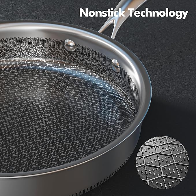 AuFranc짰 Hybrid Nonstick Stainless Steel Pots and Pans Set, Induction Cookware Set with Tempered Glass Lids, Non-stick Pot and Pan Set Suitable for All Cooktops, Non-Toxic, Dishwasher & Oven Safe