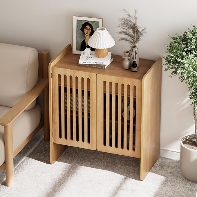 COZAYH Modern 2 Door Wooden Storage Cabinet with Drawer, Mid-Century Slatted Door Accent Cabinet for Living Room or Dining Room, Magnetic Doors, Raised Legs, Natural Wood Color