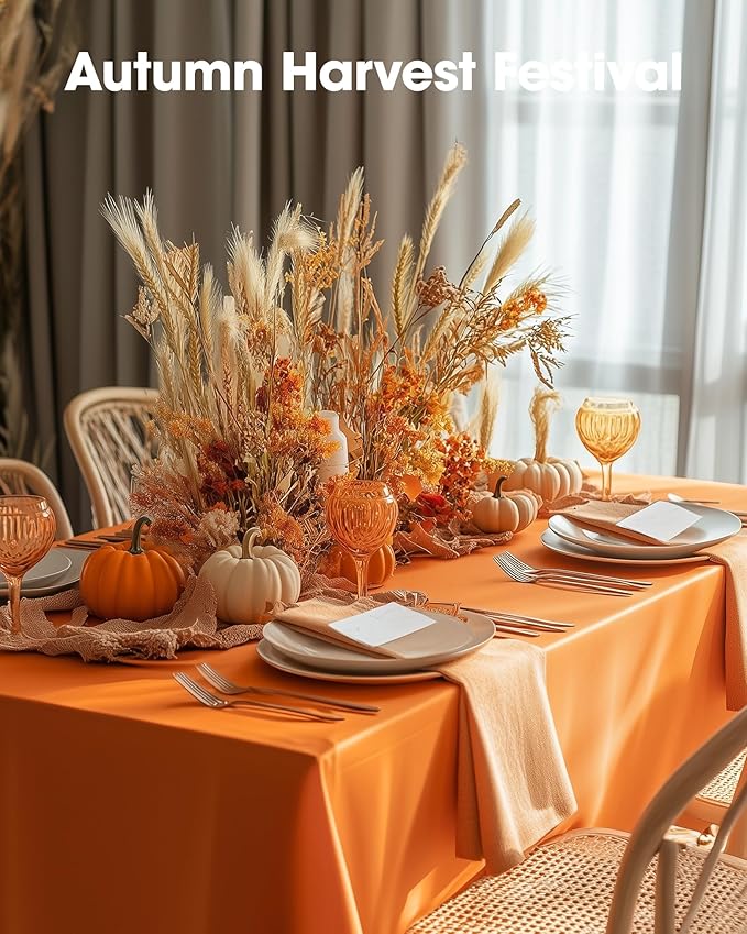 Pureegg Plastic Table Cloth Disposable 12 Pack, 54 x 108 Inch Table Cloths, Halloween Party, Thanksgiving Decorations, Harvest, Fall Tablecloths, Rectangle Tables, Leakproof & Sturdy, Orange