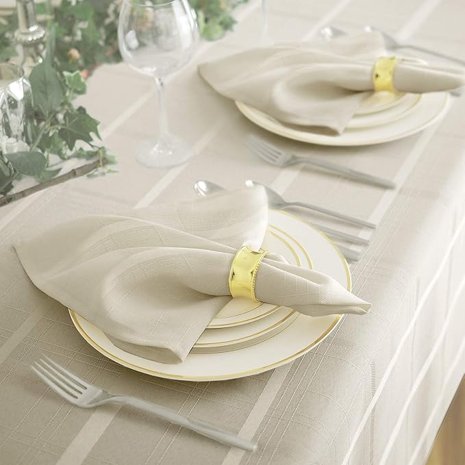 Newbridge 60 x 84 Inch Oval Fabric Tablecloth, Elegance Plaid, 100% Polyester, No Iron Soil Resistant Dining Room, Party and Banquet Table Cover, Solid Textured, Beige