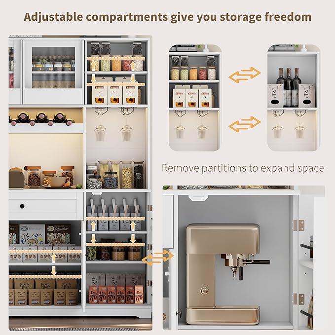71" Pantry Cabinet with LED Light & Outlet, Kitchen Hutch Storage Cabinet with 6 Adjustable Shelves and 3 Hanging Rack Shelves,Food Pantry for Kitchen, Dining Room or Living Room, White