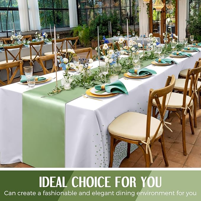 Tudomro 16 Pcs White and Sage Green Disposable Plastic Tablecloths and Satin Table Runner Set 54x108 Inch Tablecloth 12x108 Inch Table Runners for New Year Wedding Birthday Baby Shower Graduation