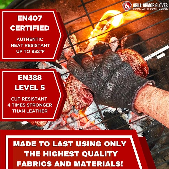 Oven Gloves with Fingers - 932째F Extreme Heat Proof and Cut Resistant Mitts for Kitchen, BBQ, Grill, Baking, Fire Pit - EN407 Certified with Non-Slip Silicone Grip and Cotton Lined for Comfort