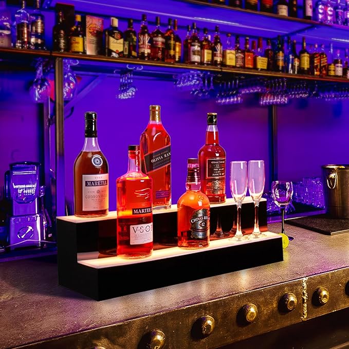 30 Inch Rectangular 2-Tier LED Lighted Liquor Bottle Display Shelf - Acrylic Wine Rack with Remote & App Control, 16 Static Colors, 1-8H Timer, USB Power, for Home Bar, Commercial Use