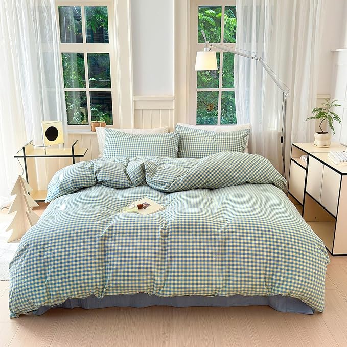 LifeTB Twin XL Comforter Set Blue Yellow Gingham Comforter for Men Boys Modern Plaid Grid Pattern Comforter Set Soft Lightweight Bedding Set Fluffy Boho Plaid Checkered Comforter with 2 Pillowcases