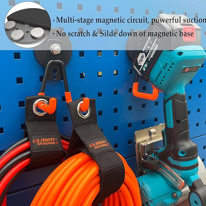 ULIBERMAGNET Heavy Duty Magnetic Garage Hooks,6 Pack Strong Large Magnet Hooks for Power Drill,Garden Tools,Hose,Pegboard,Garage, Workshop,Magnetic Storage Hook for Indoor Outdoor Hanging(Orange)