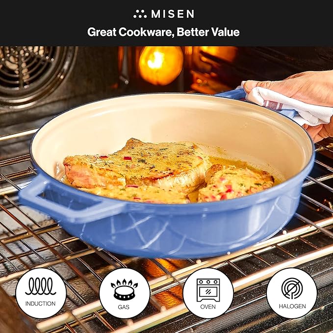 Misen 5.5 QT Braiser ??Enameled Cast Iron Pan for Searing, Braising & Slow Cooking ??No-Chip Enamel Coating ??Extra-Wide Handles ??Superior Heat Retention & Even Cooking - Blue