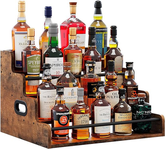 19.6?쓂 x 15.74" D x 12.5" H Inches Versatile 4-Step Coffee Syrup & Water Bottle Organizer Rack Multi-Functional Retro Display Shelf for Kitchen or Bar, Holds Liquor & Spirits, Wooden