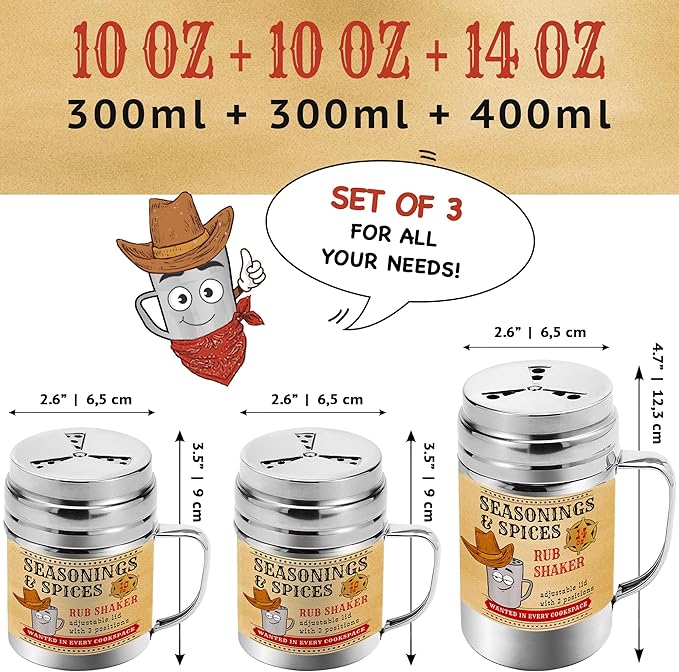 CUSINIUM [10oz, 10oz, 14oz Fan-Style Lid Dredge Shaker Set